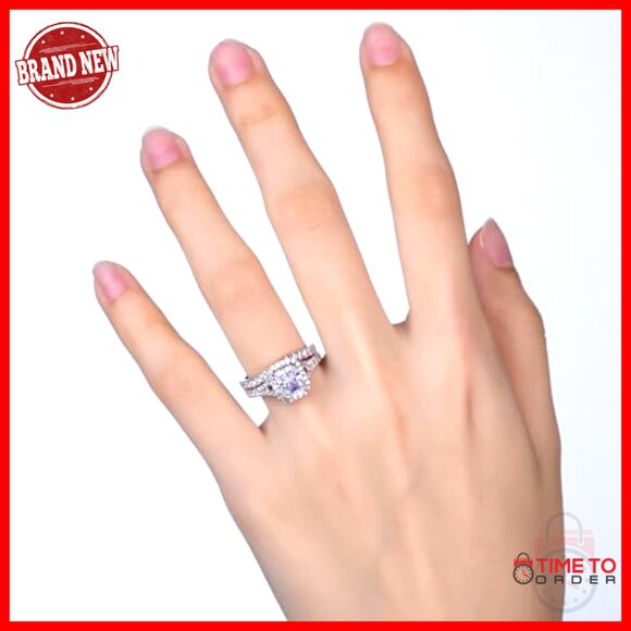 Sterling Silver Split Shank Wedding Set Size 6.5 CZ Halo Ring - Picture 6 of 7